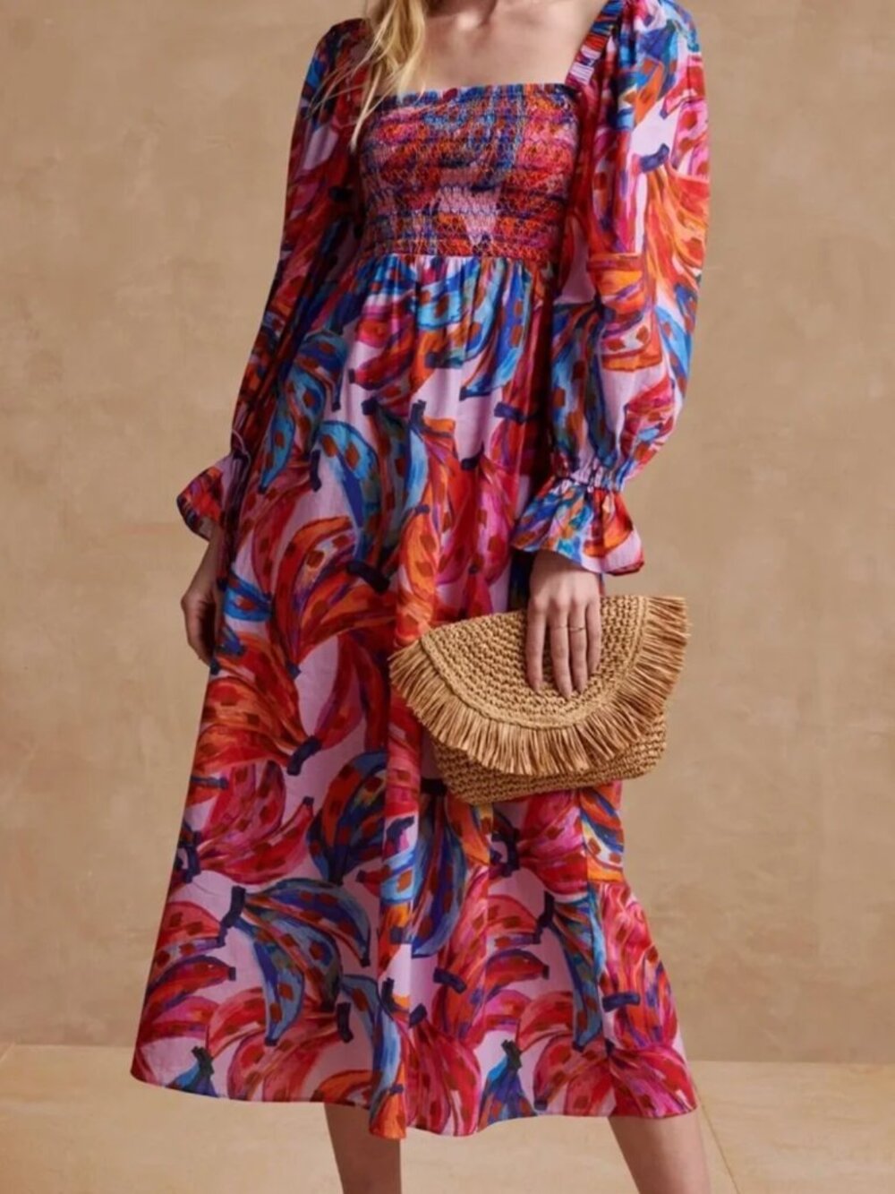 Farm Rio Colored Bananas Smocked Midi Dress- Size Medium